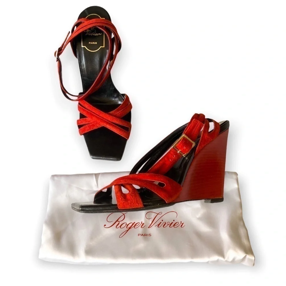 ROGER VIVIER Suede Wedge Sandals Size:‎ 37.5 EU, Red